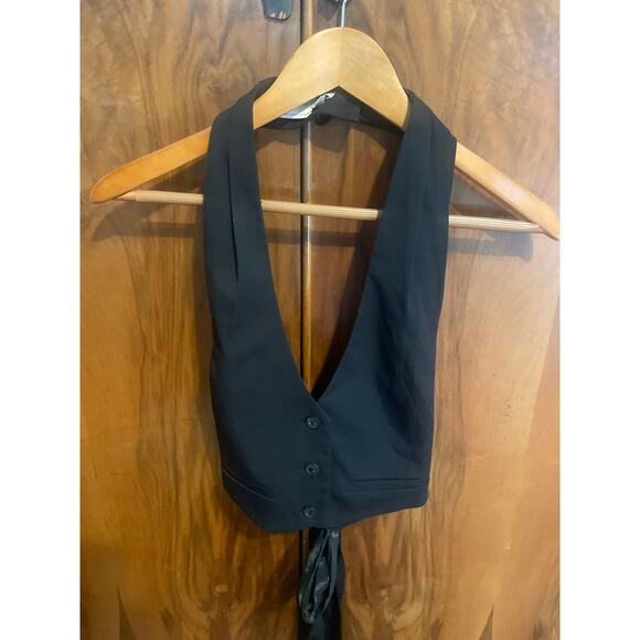 Vintage Y2K TO THE MAX Tuxedo Halter Crop Top Vest Backless Black Size Large L - Picture 4 of 7